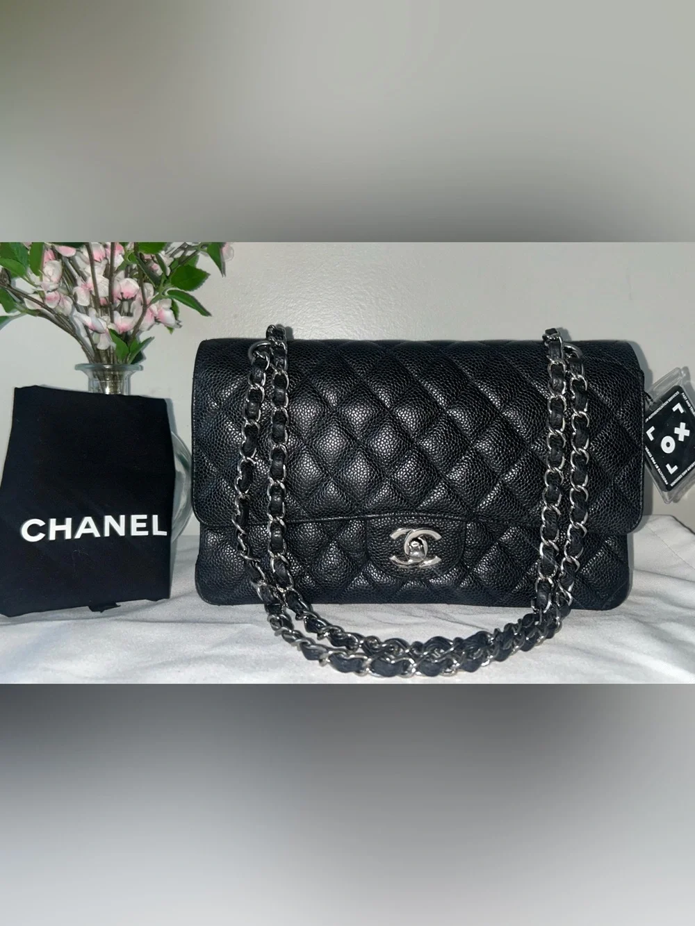 CHANEL Medium Classic Double Flap Caviar Leather Quilted Handbag Black